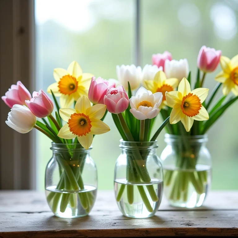 Arranjos de flores delicadas em vasos de vidro vintage para a Páscoa.