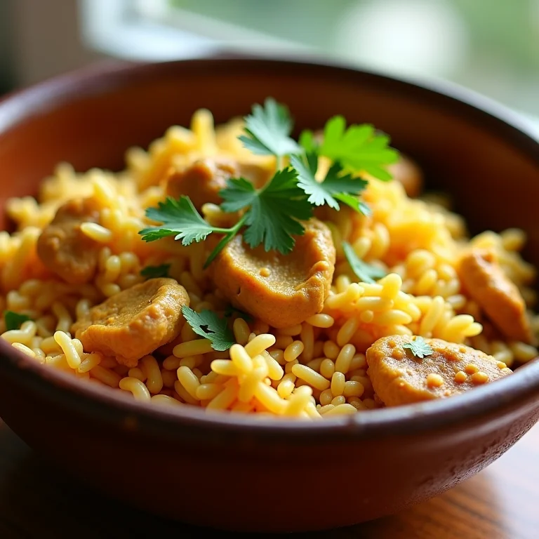 Arroz cremoso com frango e curry em tigela rústica