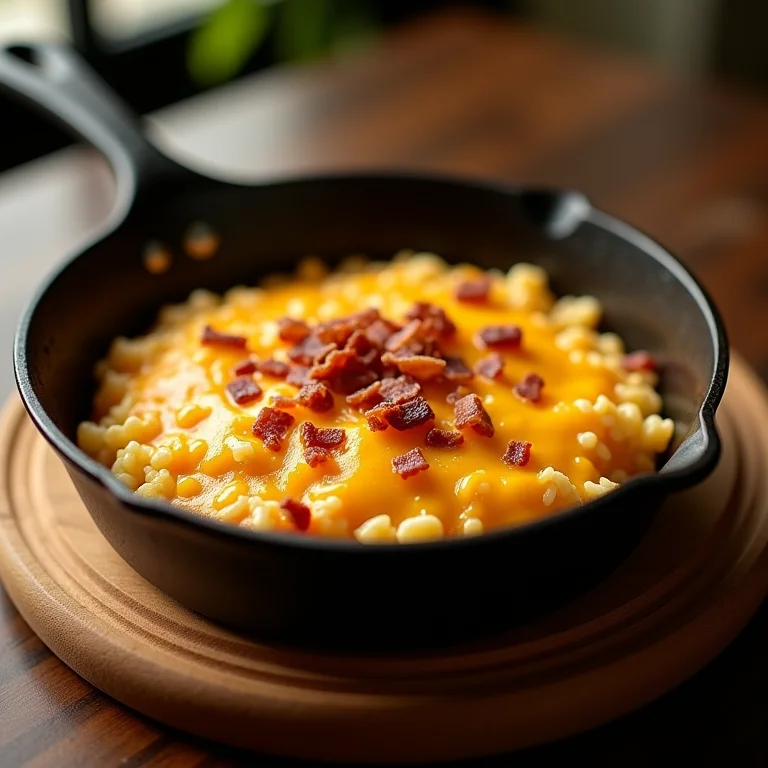 Arroz de forno com queijo e bacon em frigideira de ferro