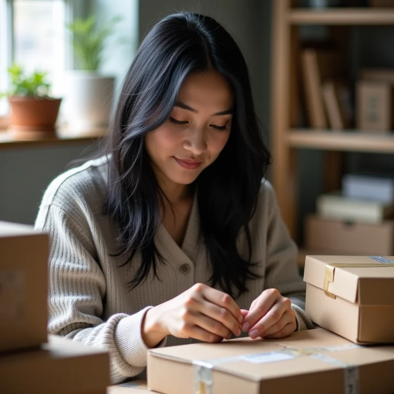 Artesã asiático-brasileira embalando joias para envio