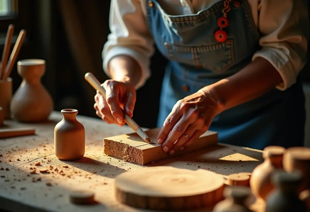 Artesã asiático-brasileira esculpindo instrumento musical