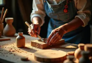O Legado Mei: A Arte Milenar do Artesão de Instrumentos Artesã asiático-brasileira esculpindo instrumento musical