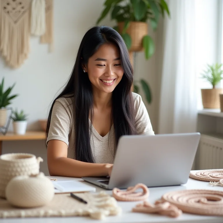 Artesã asiático-brasileira trabalhando online