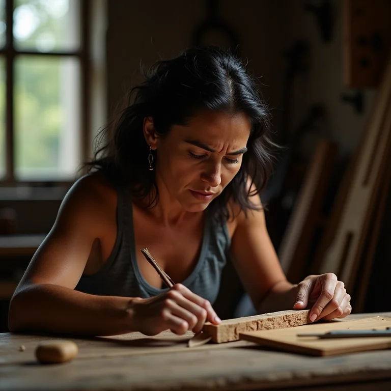 Artesã brasileira avaliando madeira danificada