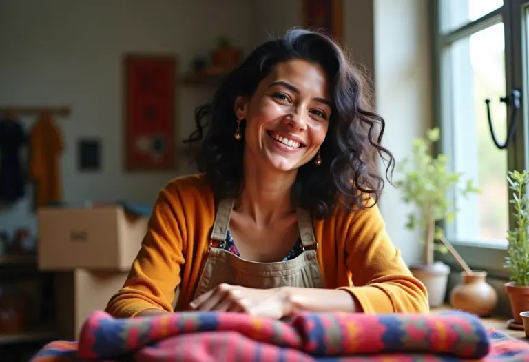 Artesã brasileira sorrindo embalando produto para exportação