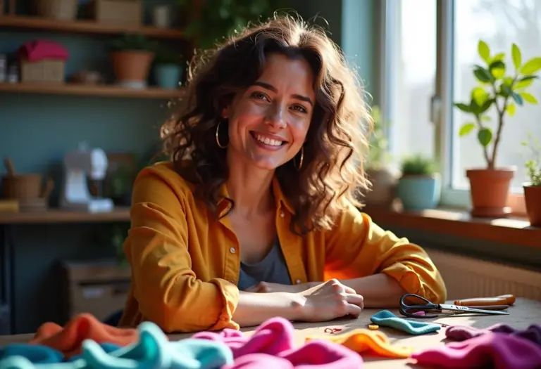 Artesã de feltro sorrindo em seu ateliê