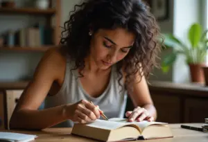 Artesã encadernando livro artesanalmente.