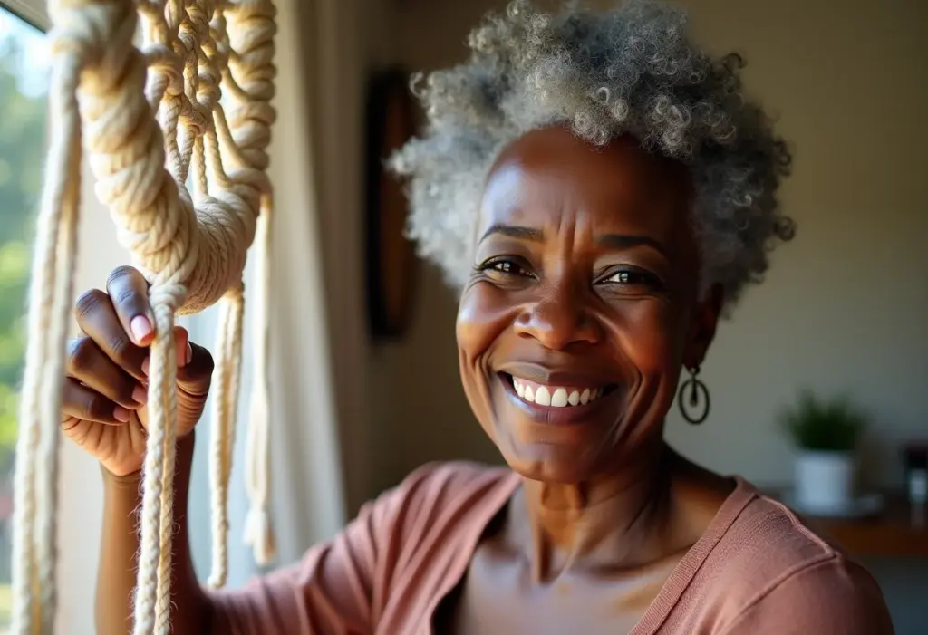 Artesã negra madura segurando peça de macramê