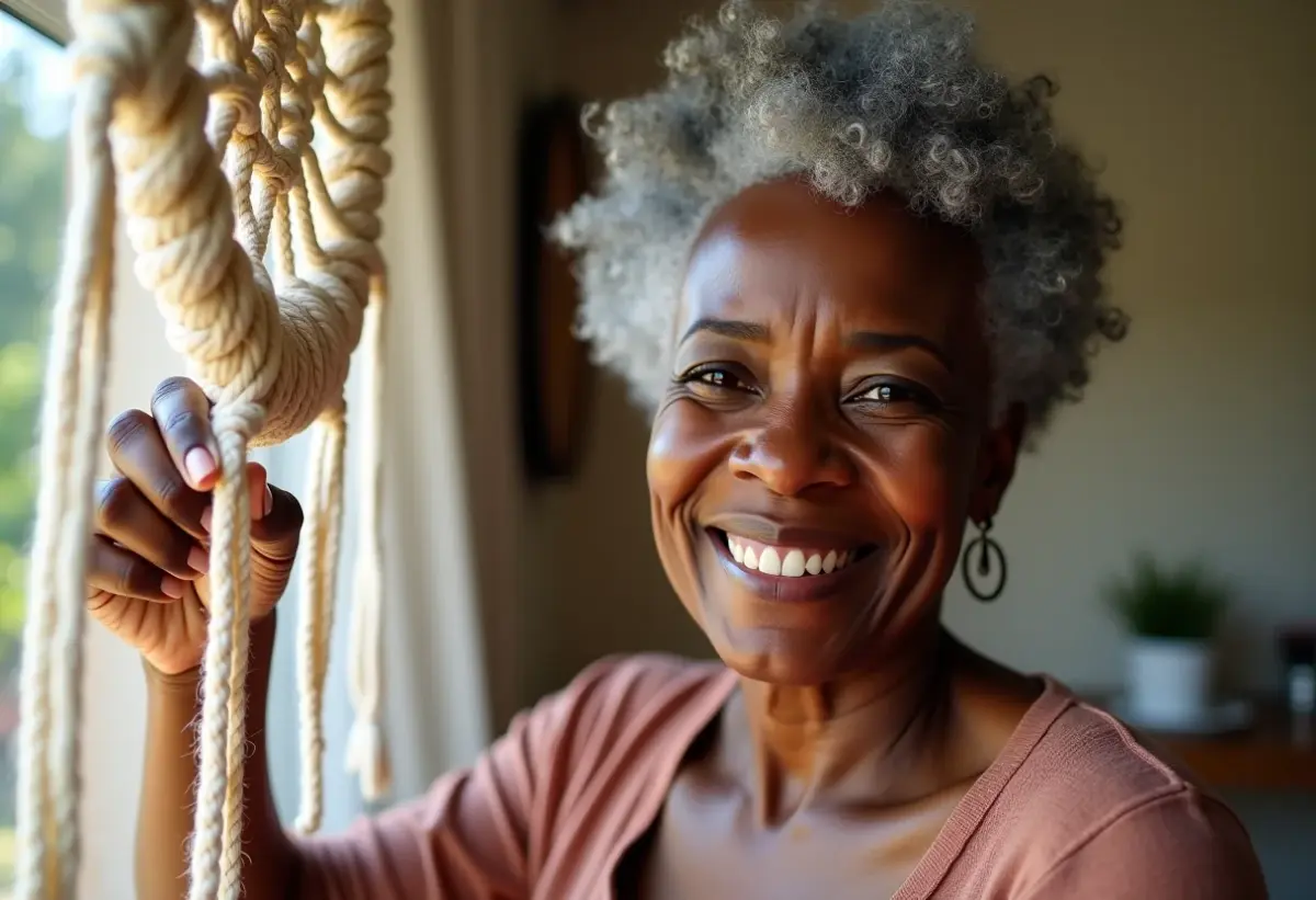 Artesã negra madura segurando peça de macramê