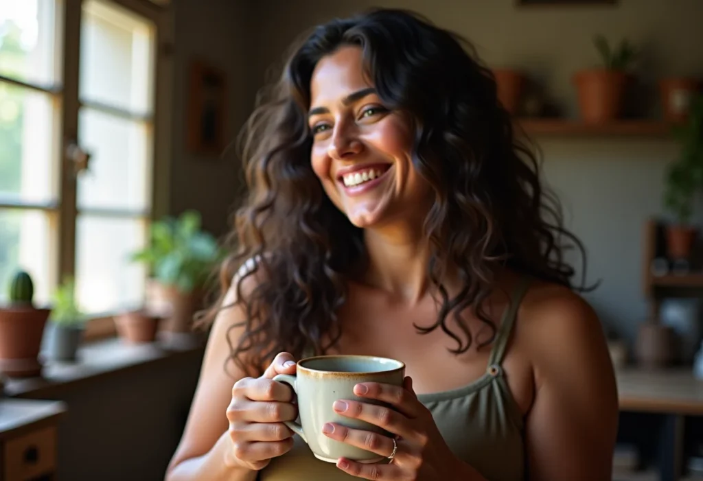 Artesã sorrindo e segurando caneca de cerâmica feita à mão em seu estúdio ensolarado.