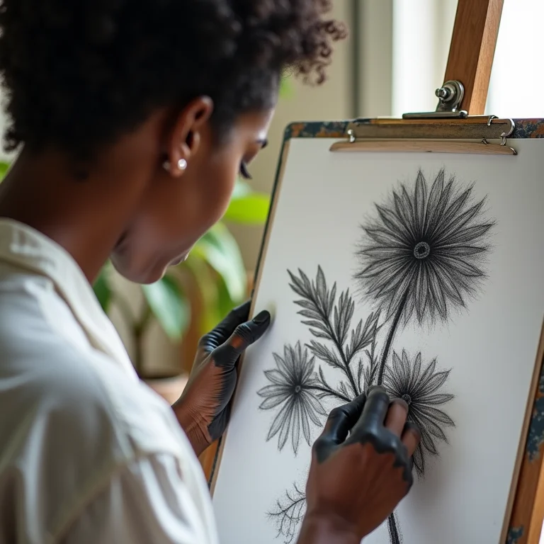 Artista negra brasileira esfumando desenho a carvão.