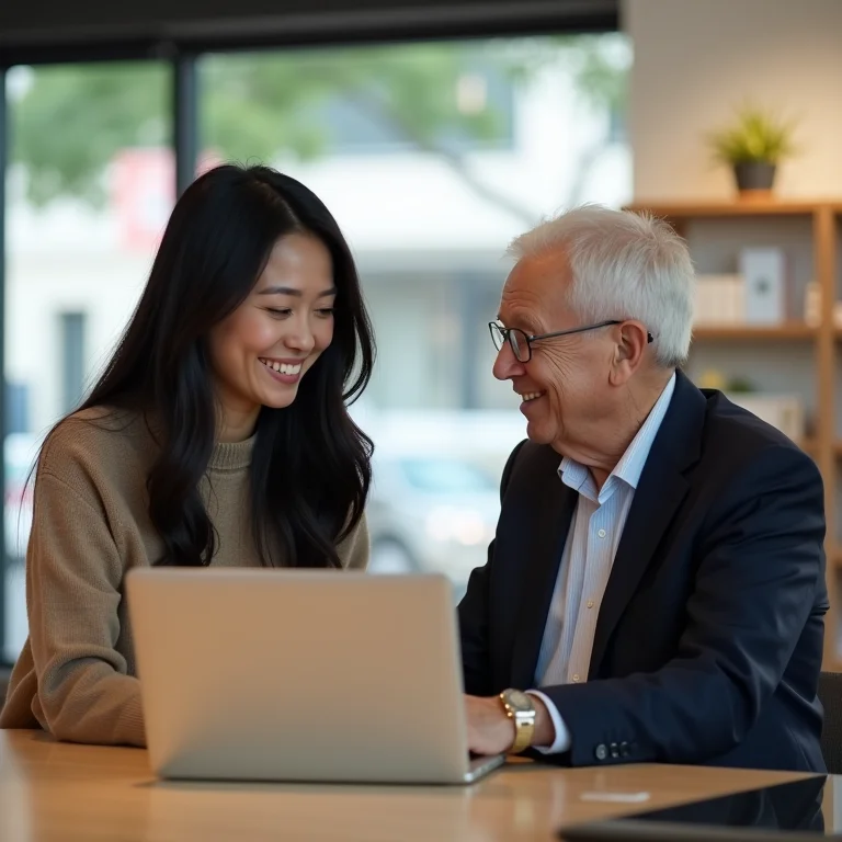 Atendente ajudando cliente sênior em loja