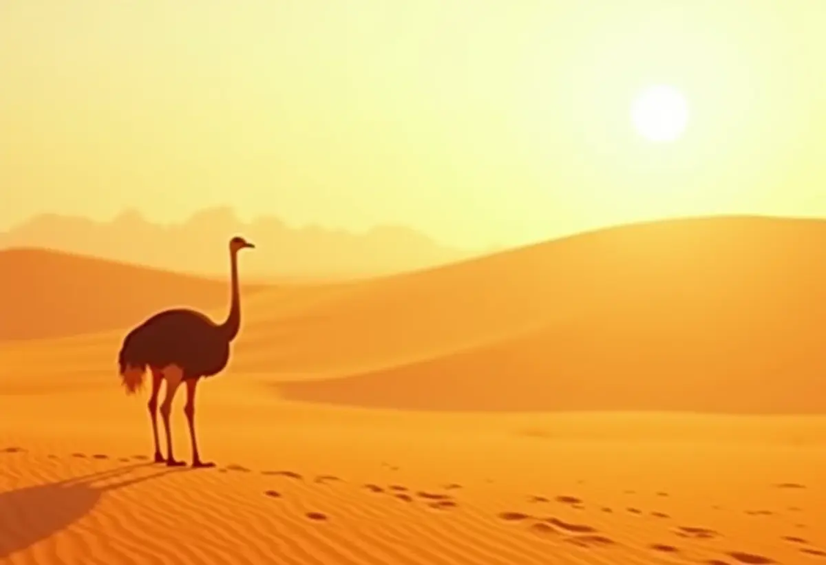 Avestruz no deserto sob o sol forte