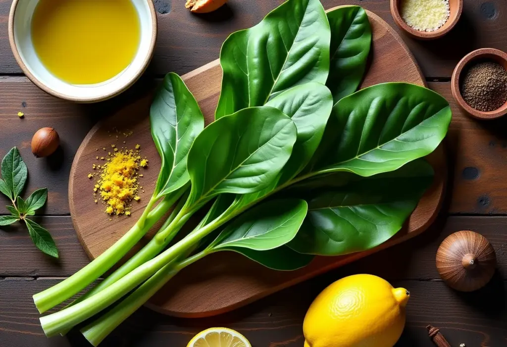 Azedinha: O segredo para um toque gourmet e inesperado nos seus pratos Azedinha fresca e ingredientes gourmet em composição flat lay.