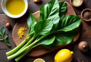 Azedinha fresca e ingredientes gourmet em composição flat lay.