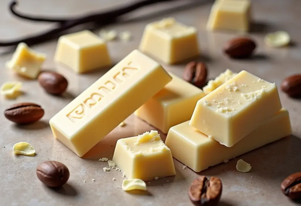 Chocolate branco: por que alguns dizem que não é chocolate de verdade? Barras de chocolate branco com diferentes texturas e ingredientes.