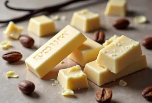 Barras de chocolate branco com diferentes texturas e ingredientes.