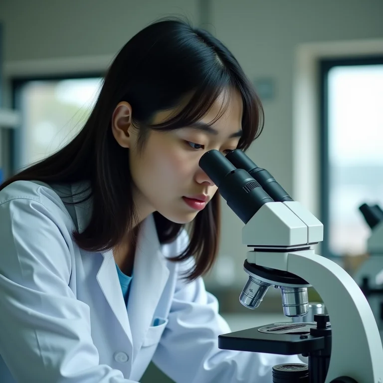 Bióloga marinha asiático-brasileira examinando amostra de água do oceano.