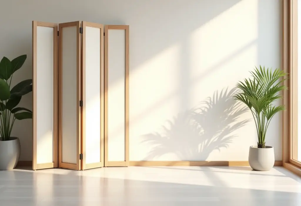 Biombo para sala: o truque de decorador que você precisa conhecer Biombo de madeira e papel em sala minimalista.