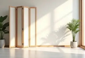 Biombo de madeira e papel em sala minimalista.