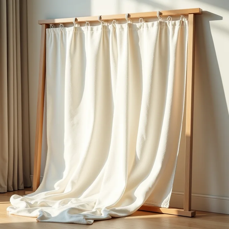 Biombo de tecido de linho sobre estrutura de madeira.