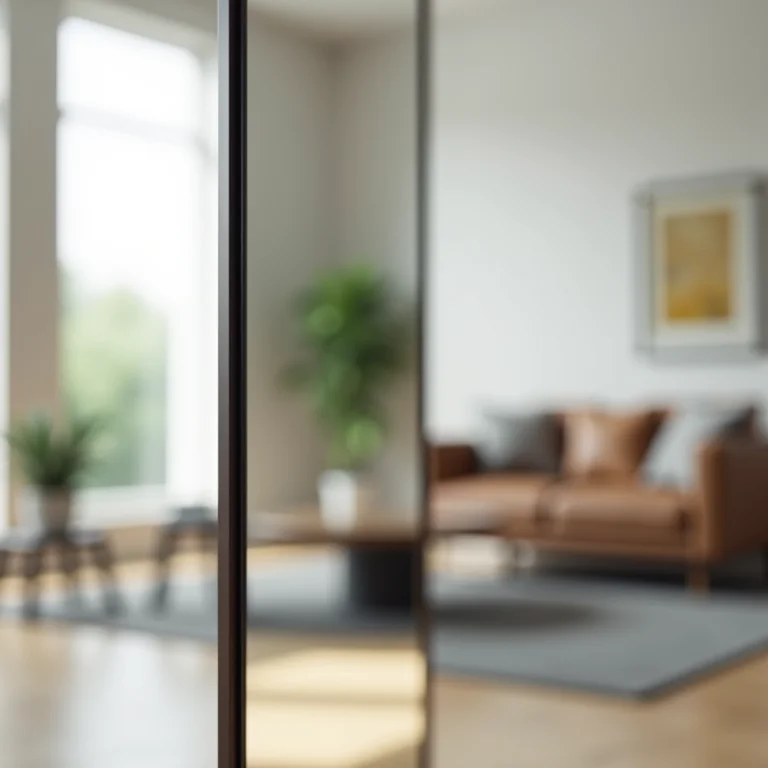 Biombo espelhado refletindo sala de estar moderna.