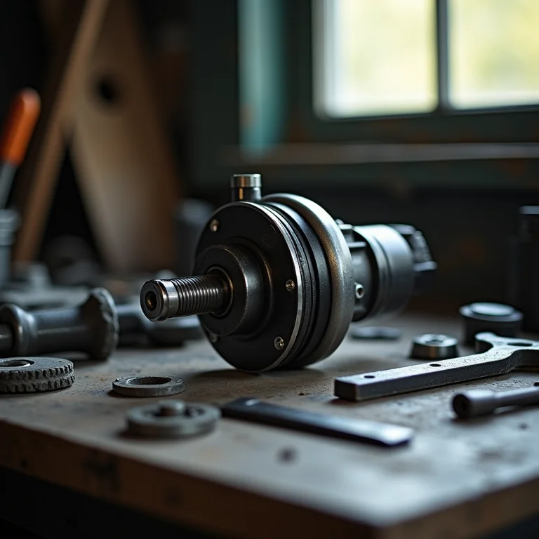 Bomba de direção hidráulica desmontada em bancada de oficina.