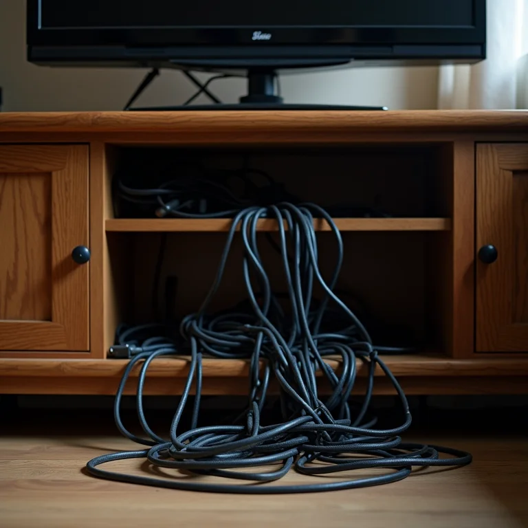 Cabos à mostra em sala de TV