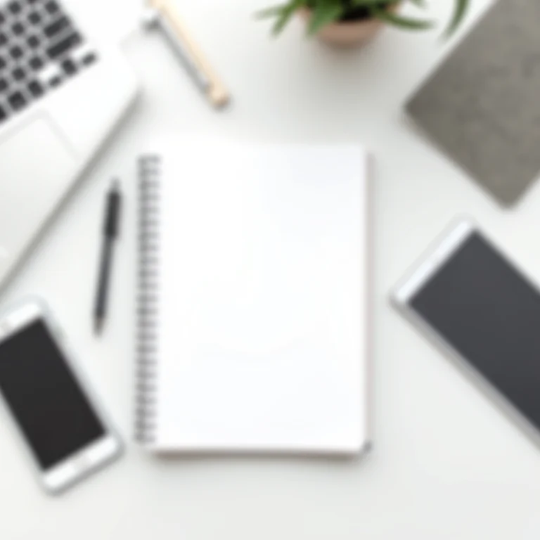 Caderno, caneta e dispositivos tecnológicos em uma mesa minimalista