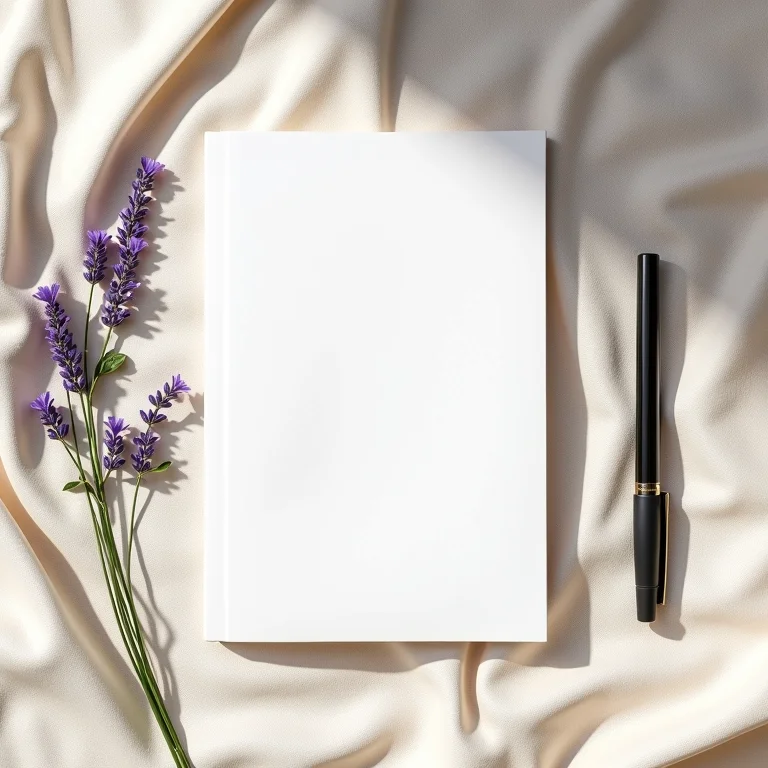 Caderno, caneta e lavanda em composição minimalista