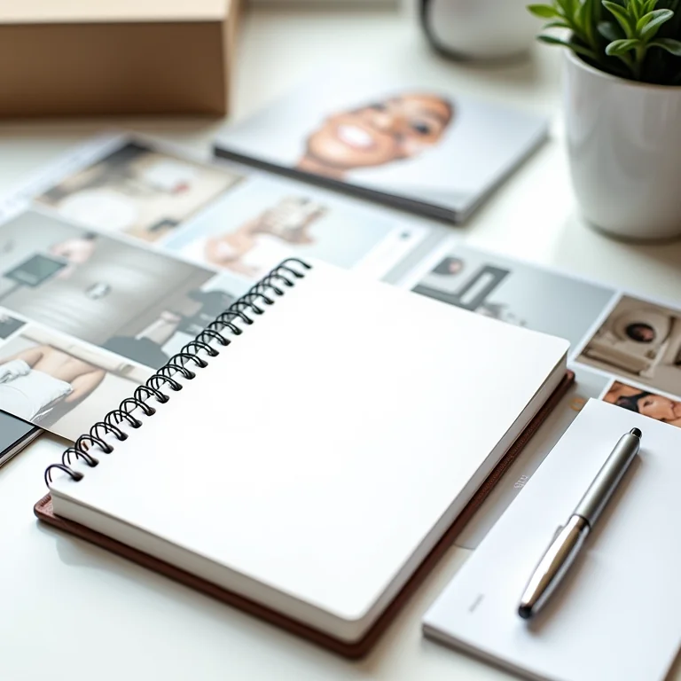 Caderno de anotações, mood board e materiais de referência para reforma de clínica.