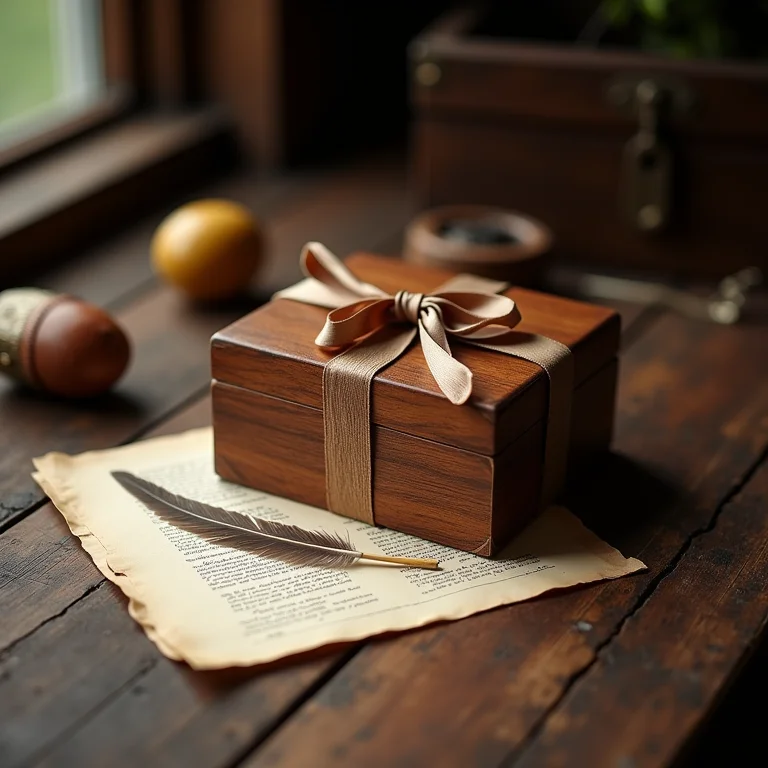 Caixa de madeira selada com fita de seda, pena de escrever e pergaminho