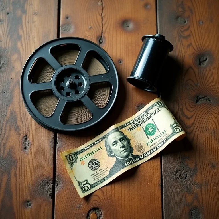 Carretel de filme vazio e nota de dinheiro amassada