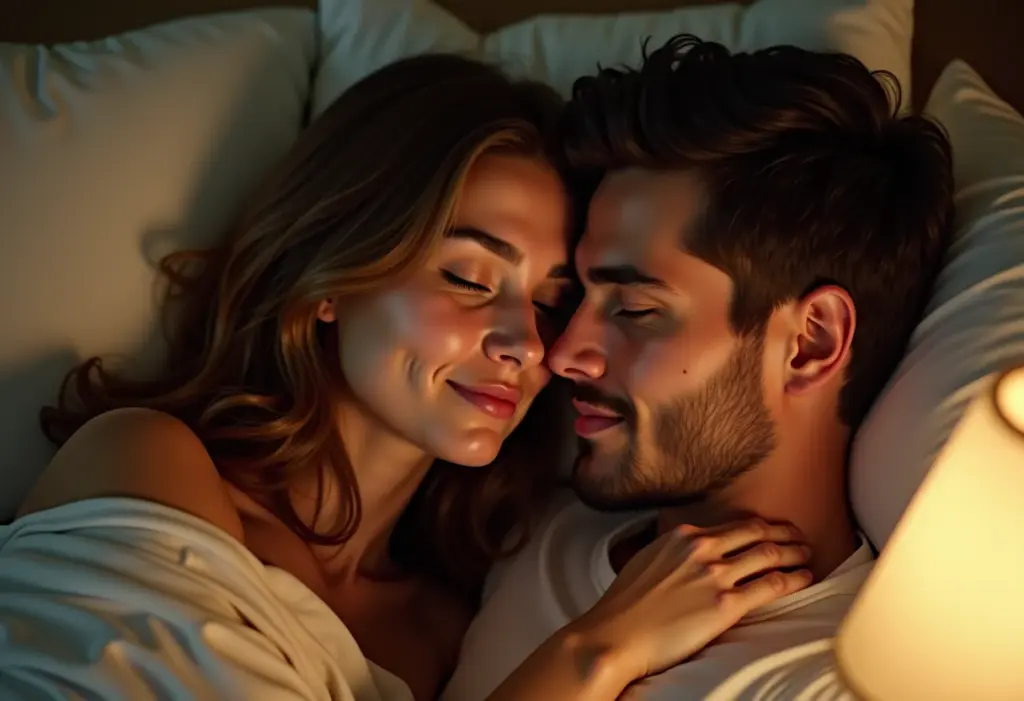 Casal relaxando em quarto com iluminação aconchegante