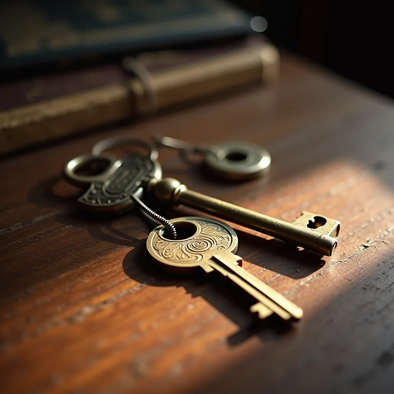 Chaves pública e privada em uma mesa de madeira, representando a criptografia assimétrica.