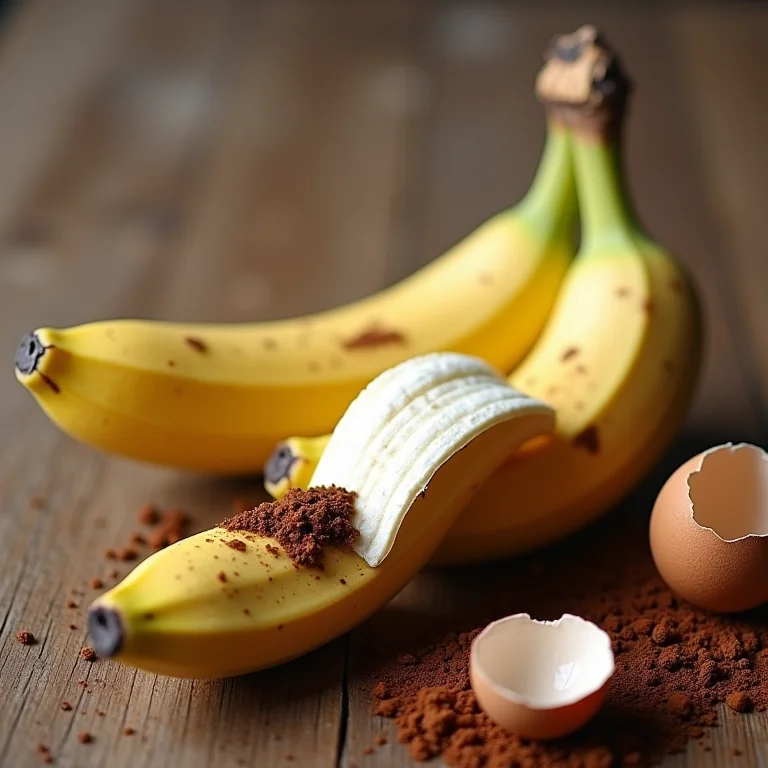 Close-up de casca de banana, borra de café e casca de ovo em superfície de madeira.