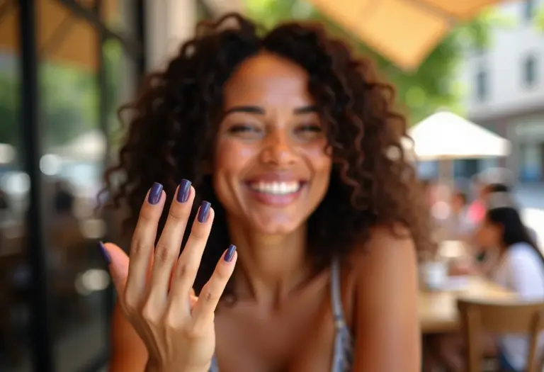 Close-up de mãos com unhas postiças realistas em mulher brasileira.