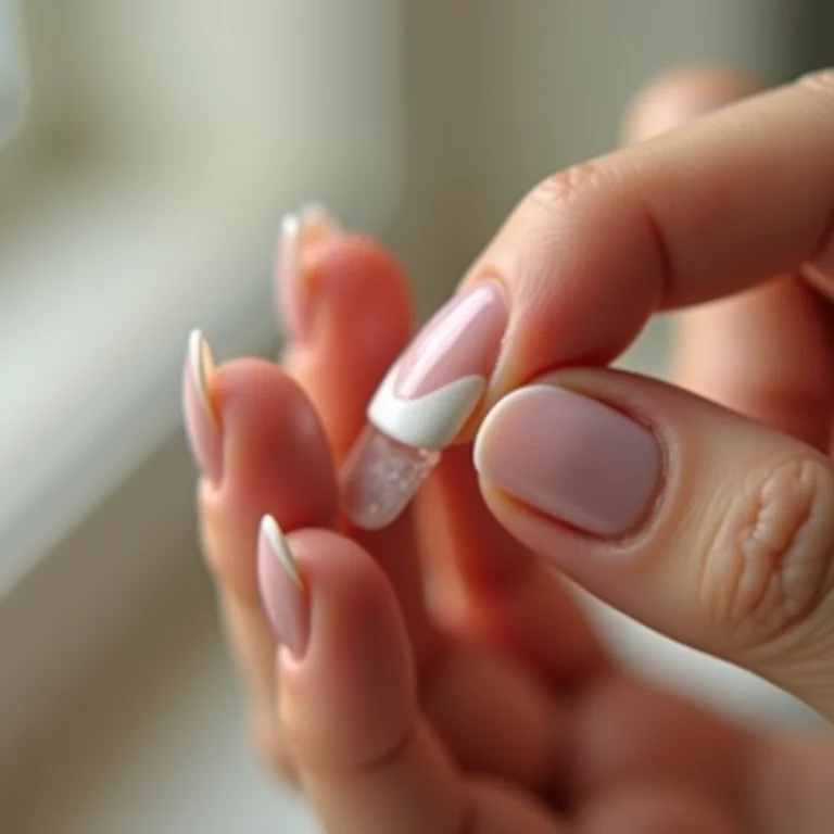 Close-up de uma mão aplicando unhas autocolantes realistas.