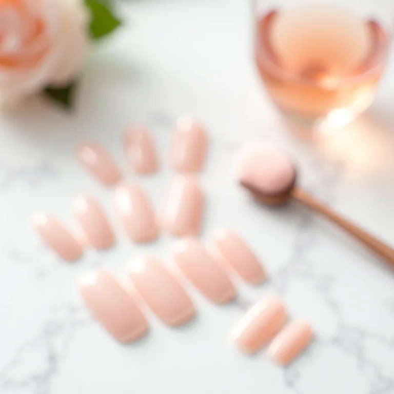 Composição de unhas de gel postiças realistas com acessórios em fundo neutro.