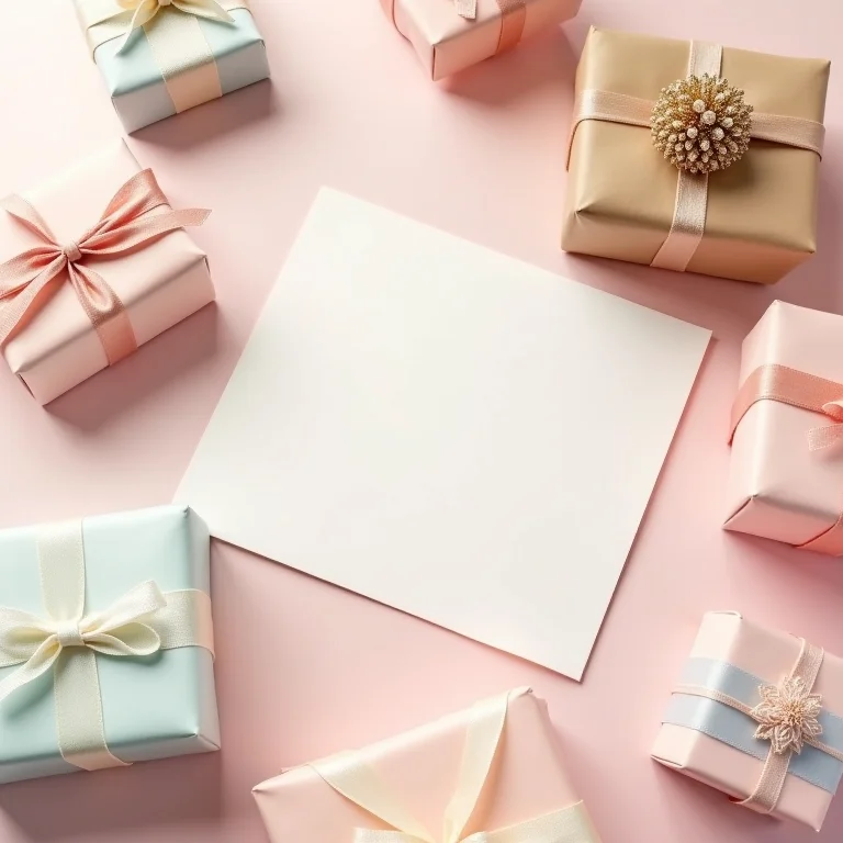 Composição minimalista com brindes e cartões de agradecimento.