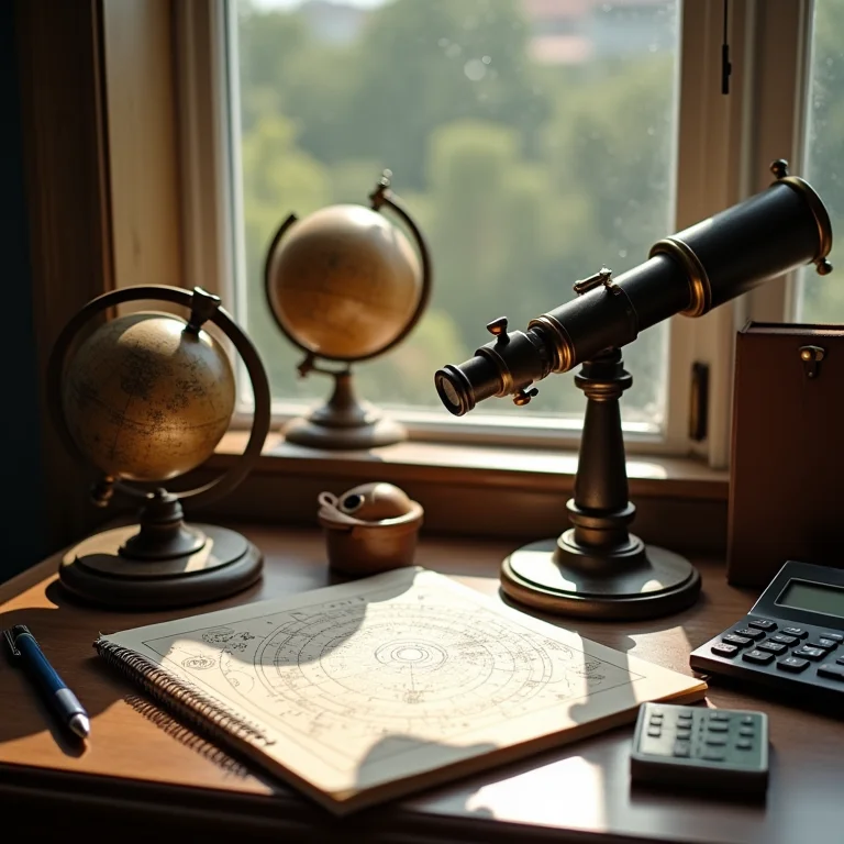 Composição still life com telescópio, mapa estelar e outros objetos relacionados à astronomia.