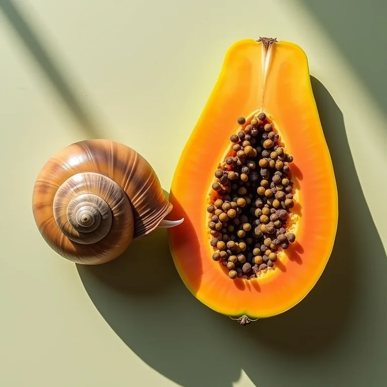 Concha de caracol ao lado de uma metade de mamão.
