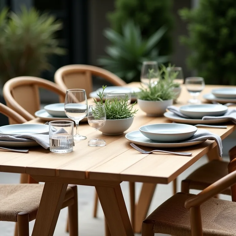 Conjunto de mesa e cadeiras para jardim com louças e decoração minimalista.