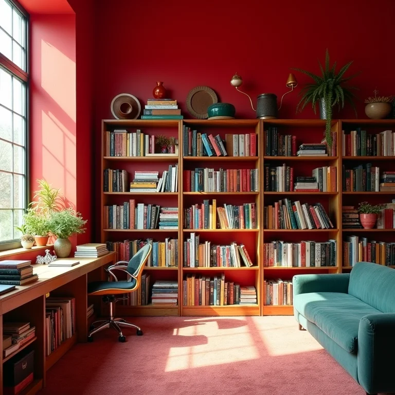 Cores vibrantes e caóticas em sala de leitura.