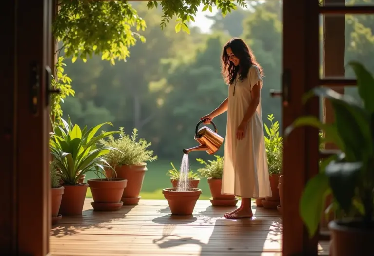 Deck de madeira em jardim exuberante com mulher regando plantas
