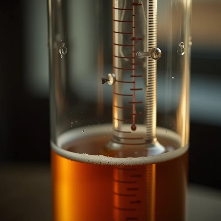 Densímetro sendo usado para medir a densidade do mosto de cerveja artesanal.