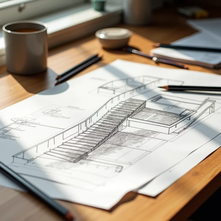 Desenho arquitetônico de escadaria moderna com ferramentas de design