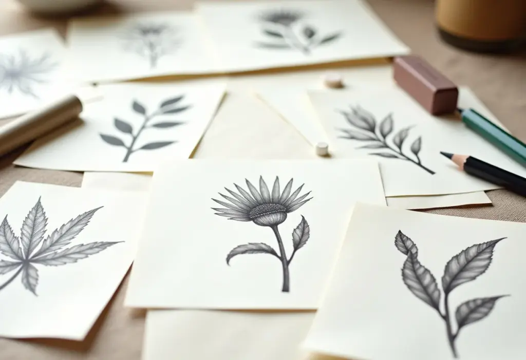 Desenhos botânicos diversos dispostos em superfície de linho.