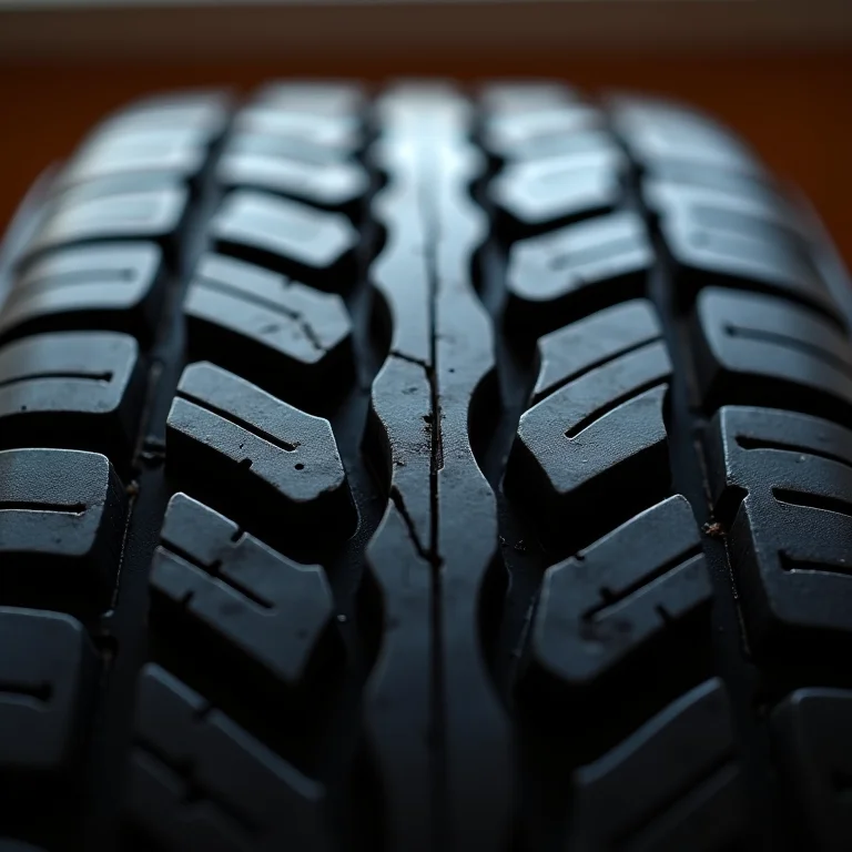 Detalhe da banda de rodagem de um pneu.