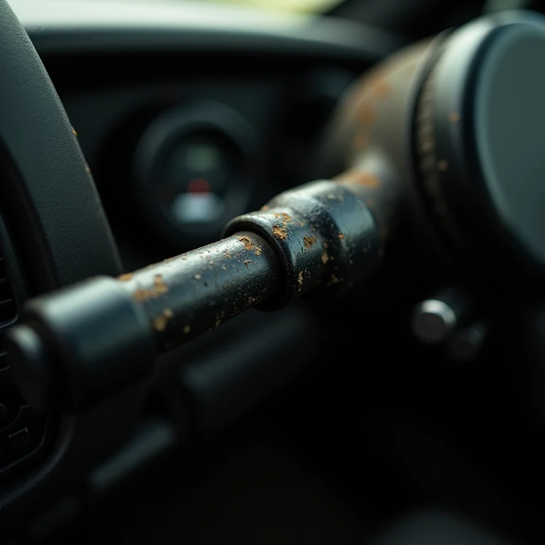 Detalhe da coluna de direção de um carro com sinais de desgaste.